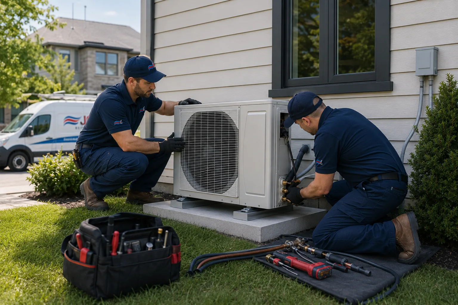 Deux techniciens qui installent l’unité extérieure d’une thermopompe à côté d’une maison