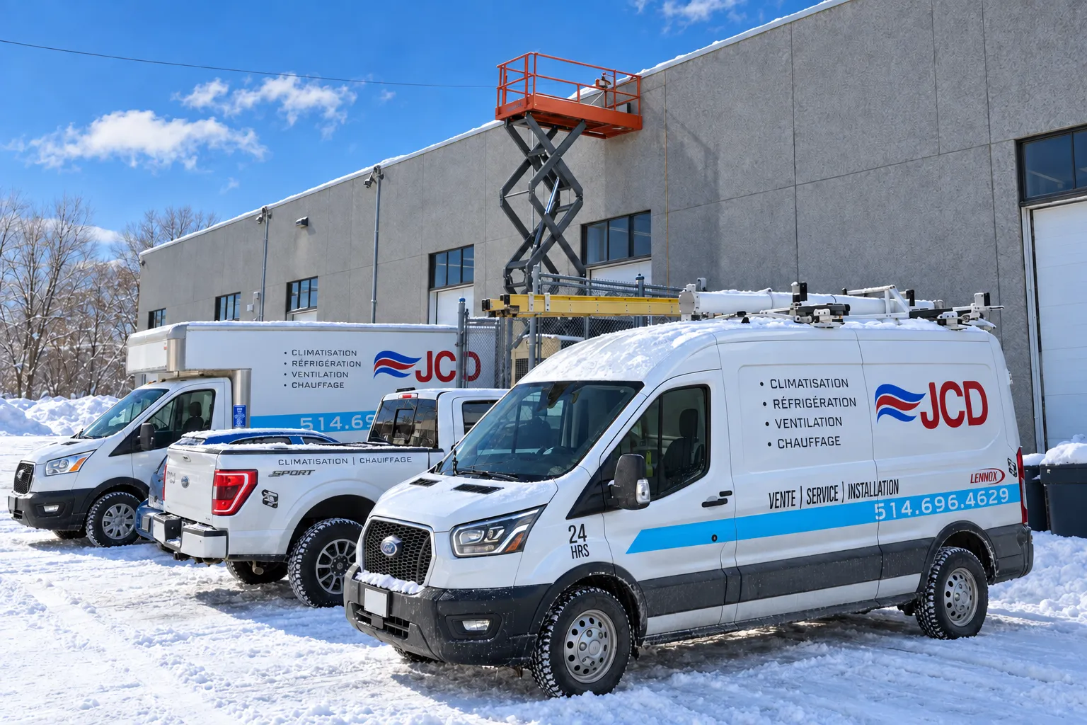 Fourgonnette, camionnette et camion cube de JCD Réfrigération stationnés devant un bâtiment commercial en hiver