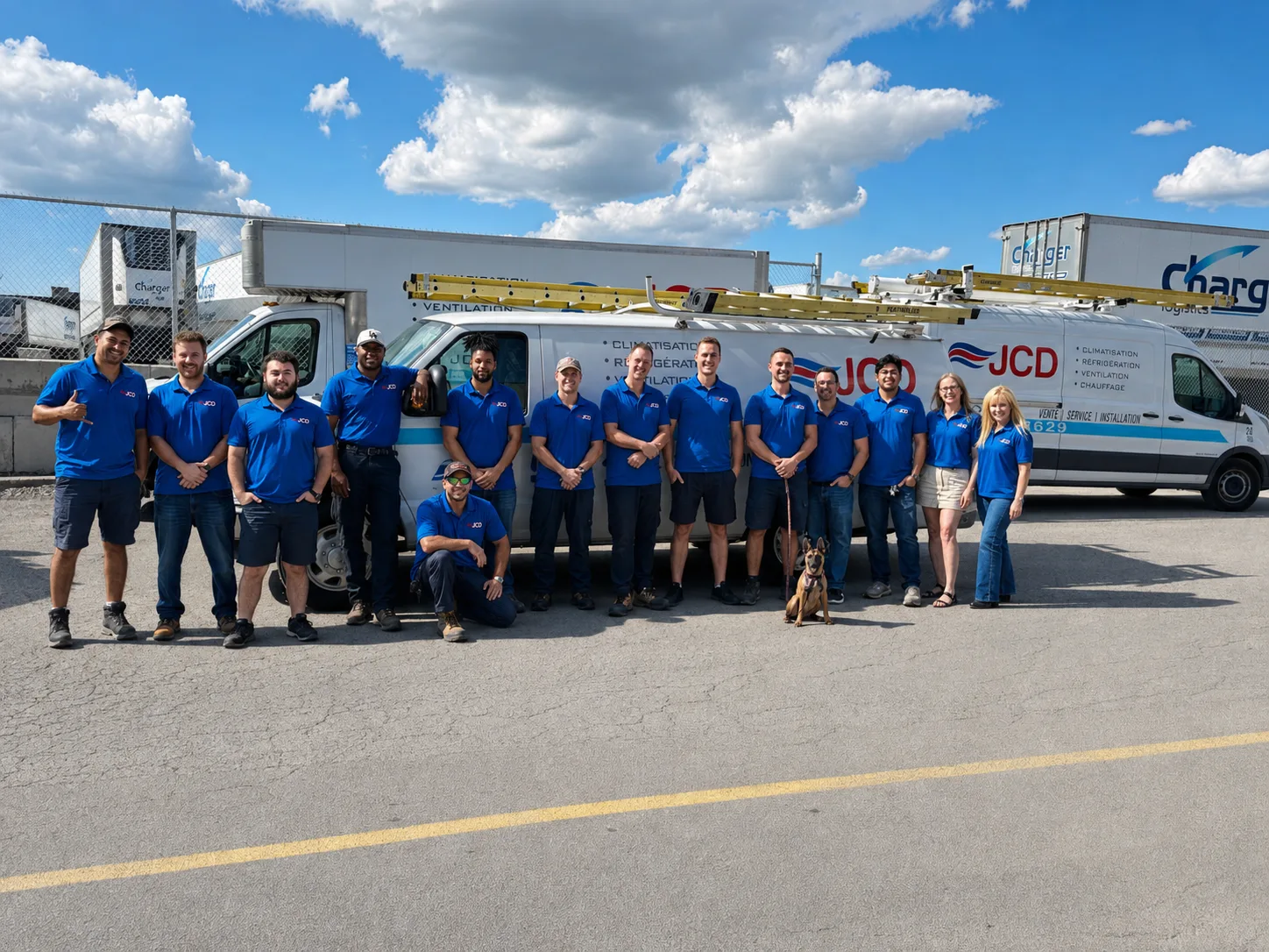 The JCD Réfrigération crew outside the Dorval shop, in front of the service fleet